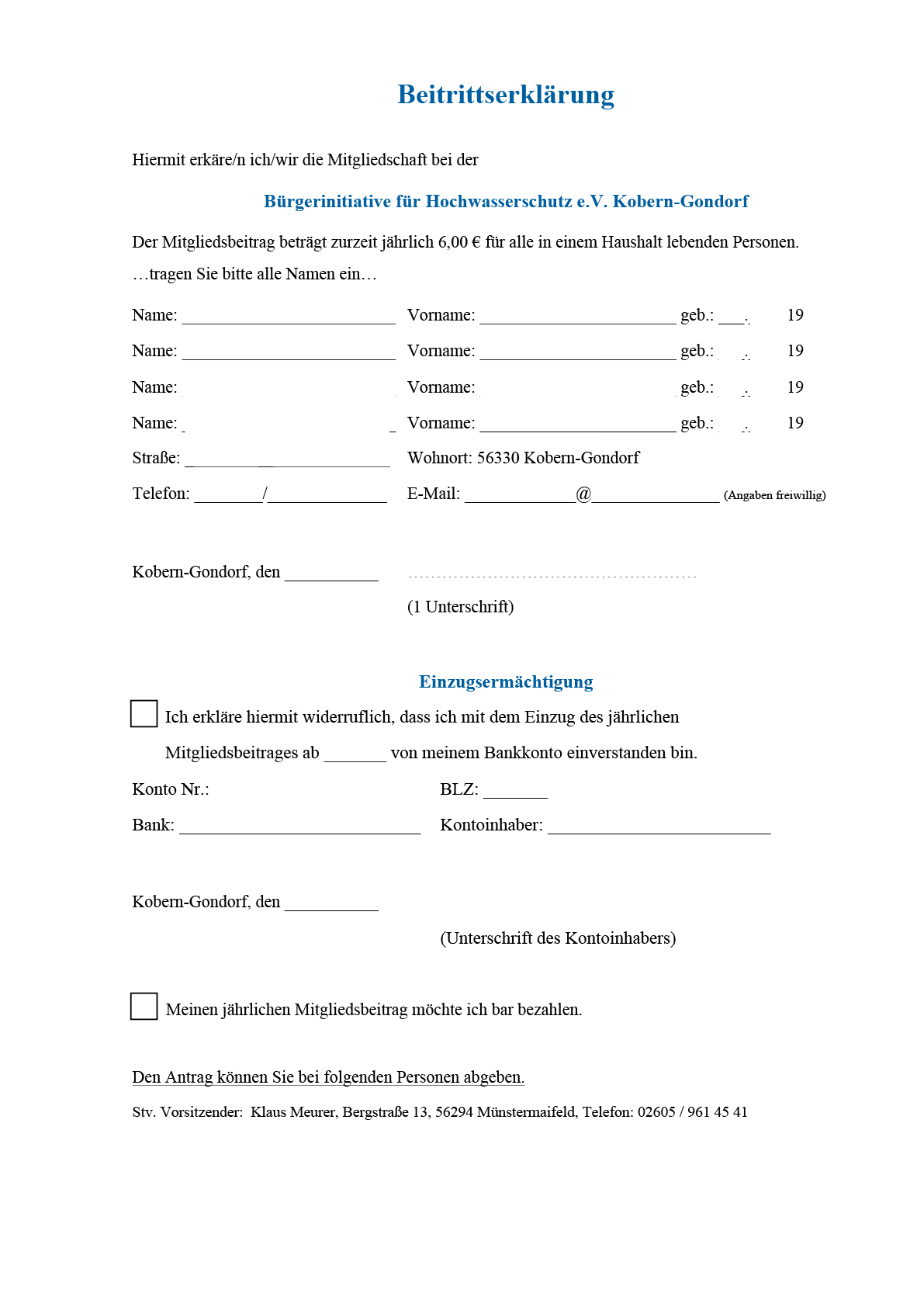 Beitritts-Formular Bürgerinitiative Hochwasserschutz e.V. Kobern